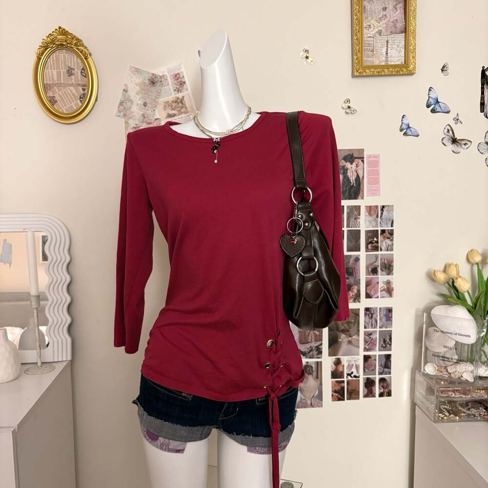 Michael Michael Kors Burgundy 3/4 Sleeve Side Lace-Up Top Size M